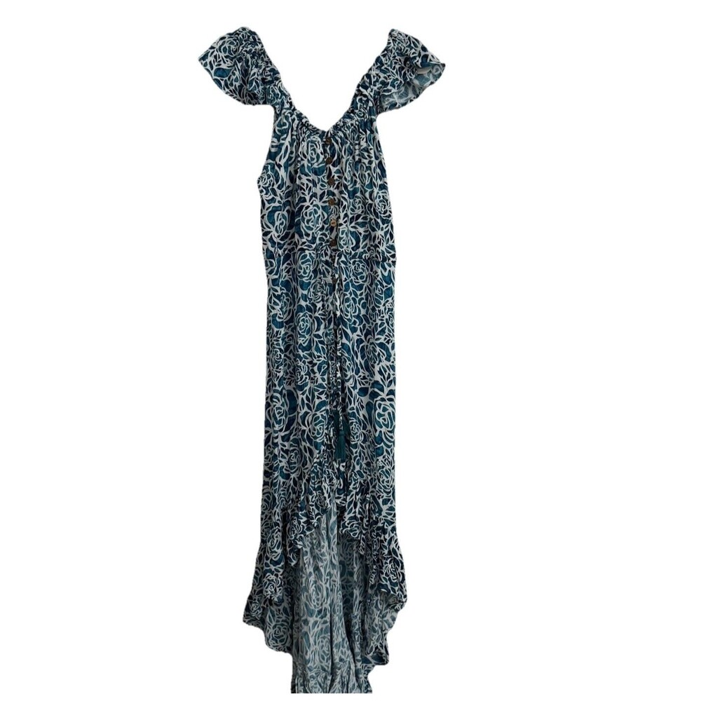 Tiare Hawaii Dress One Size Blue Tassel Tie Flowy High Low Maxi Resortwear Boho